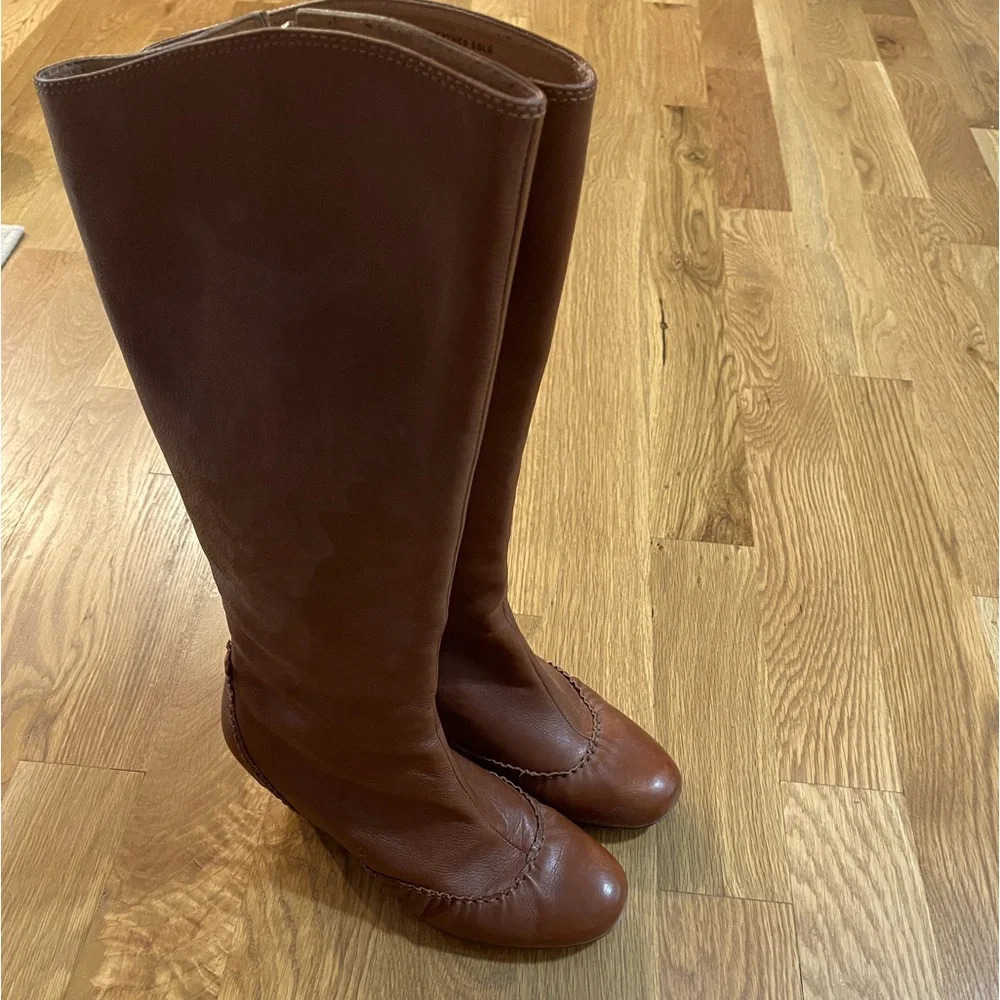 Corso Como Cognac Hidden Low Wedge Almond Toe Leather Boot Size 8.5